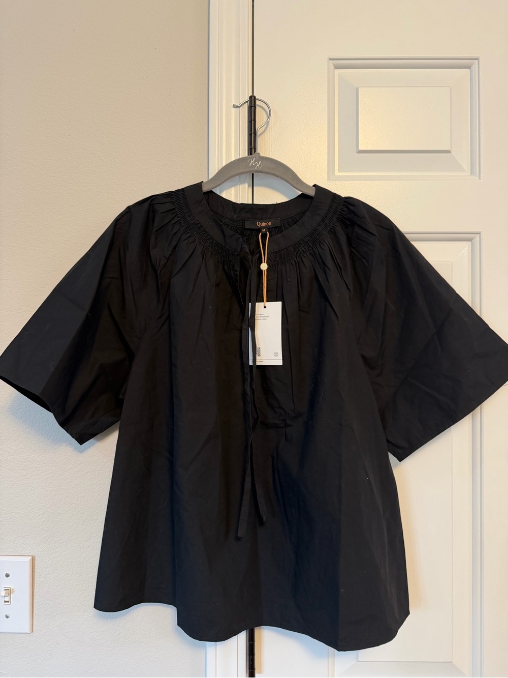 Quince Black Short-Sleeve Gathered-Neck Blouse